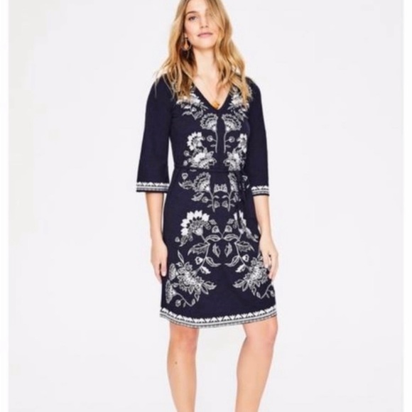 Boden Clemmie Jersey Navy Blue White Embroidered Dress - Picture 2 of 11